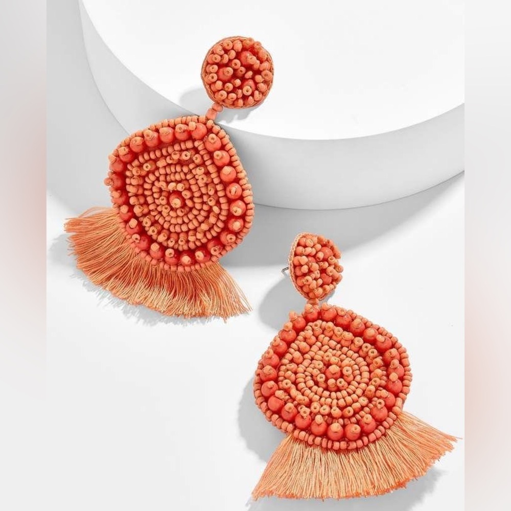 Burnt Orange Beaded Earrings with Fringe
